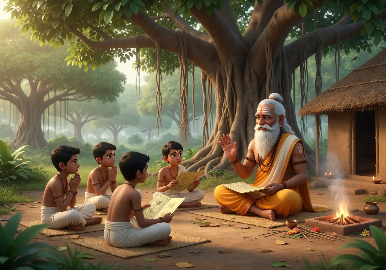 A wise guru teaching young brahmachari students seated before him in a forest gurukul under a great banyan tree