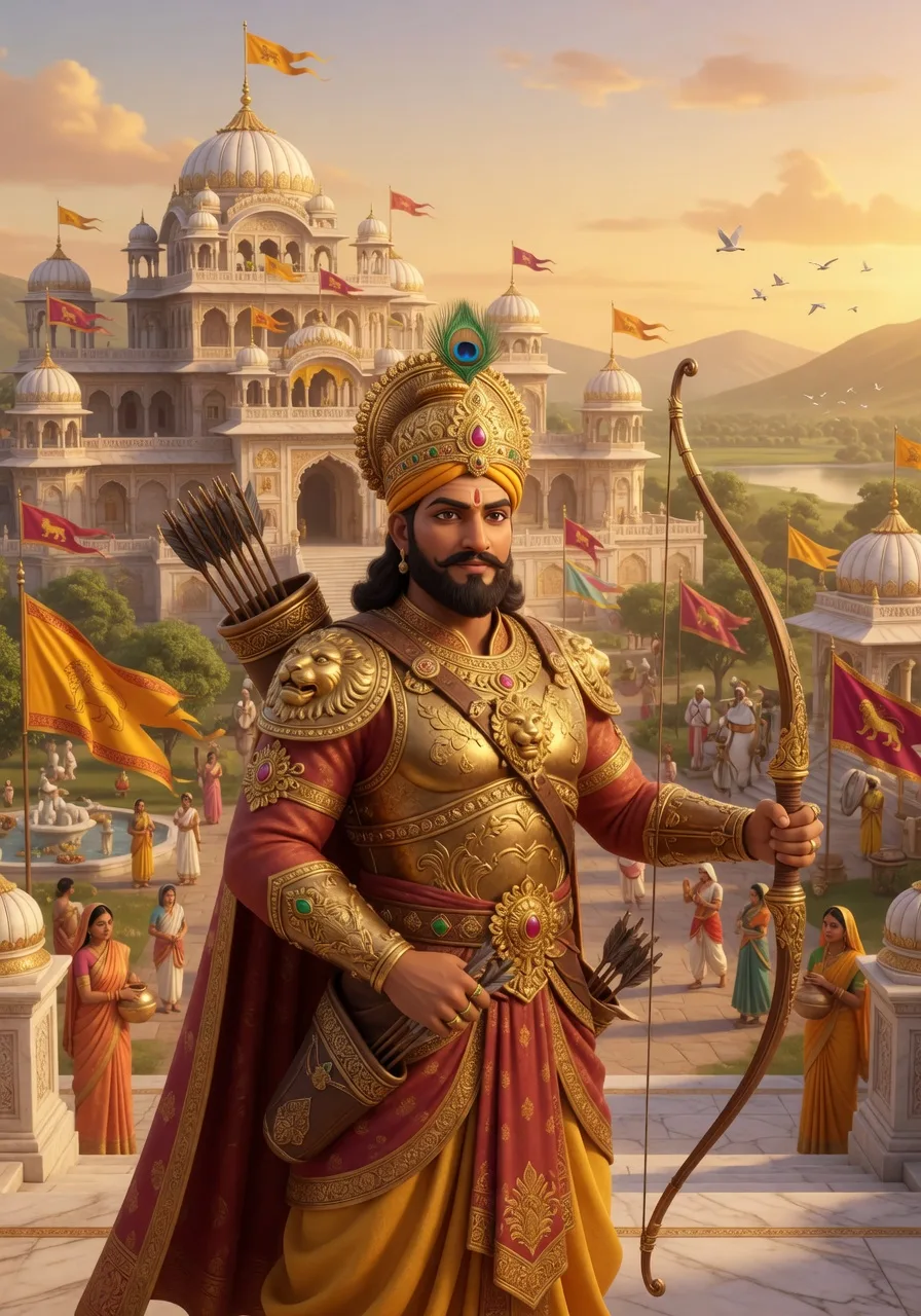 A noble kshatriya king in armour holding a bow, standing guard as the protector of his people