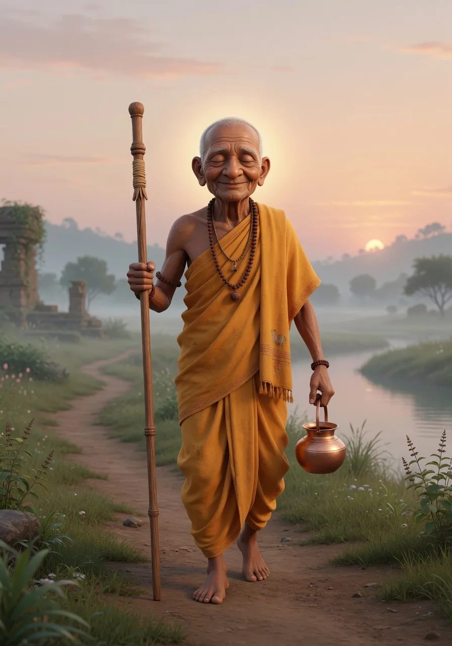 A serene sannyasi renunciant in saffron cloth holding a danda staff, wandering in dependence on God alone