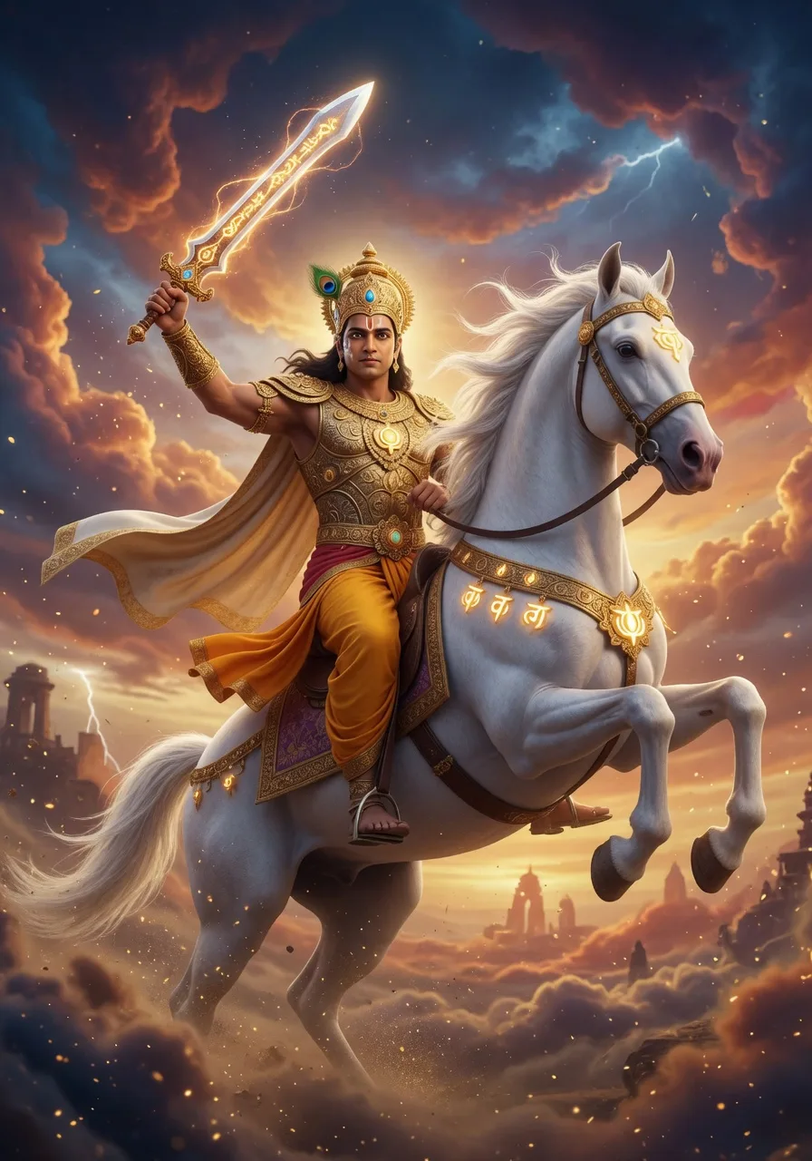 Kalki, antim avatar, safed ghode par jalti talwaar ke saath