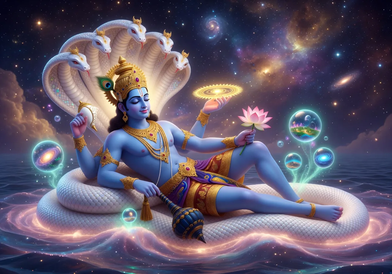 Maha Vishnu causal ocean par lete hue, unke shareer se anginat brahmand nikalte hue