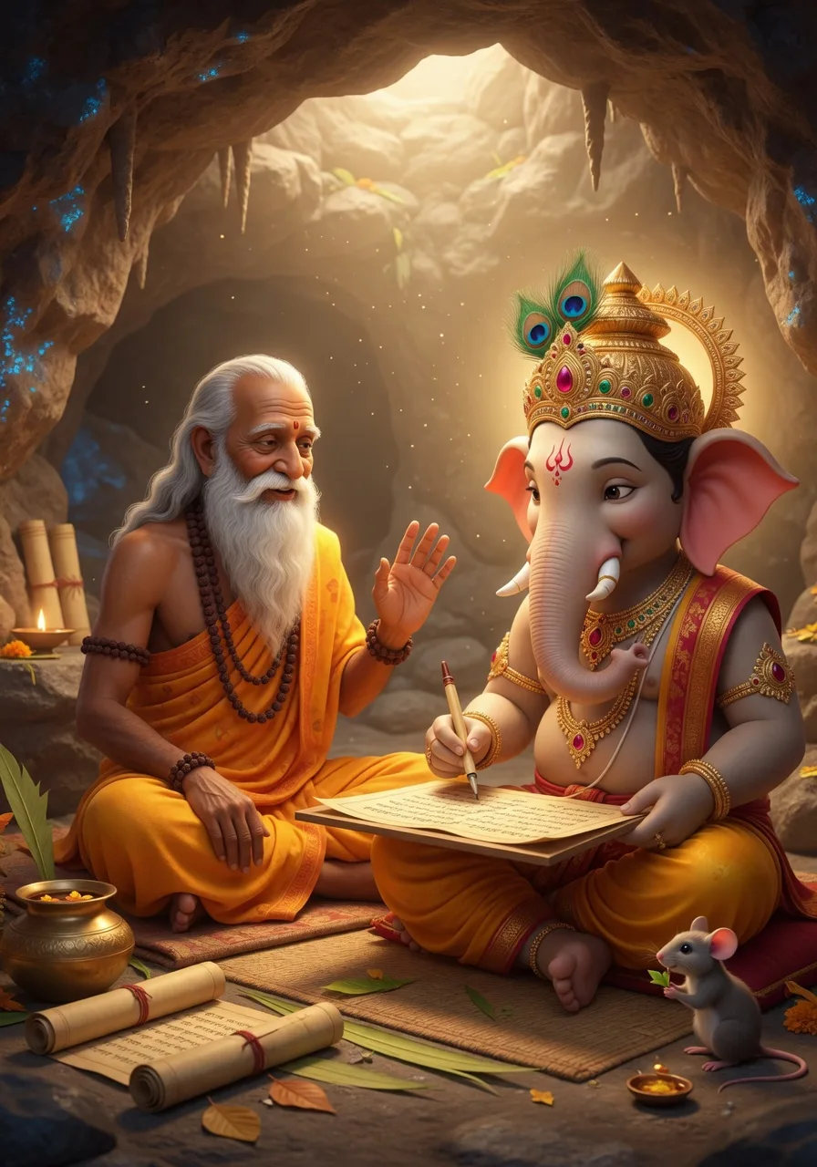 Rishi Vedavyasa Vedon ko bolte hue, aur Ganesh ji palm-leaf par likhte hue