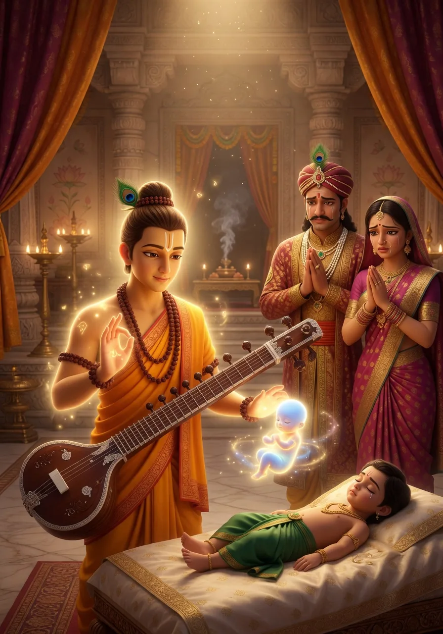 Rishi Narada Muni vidaa ho chuki atma ko bachche ke shareer mein wapas bulaate hue, dukhi raja-rani dekhte hue