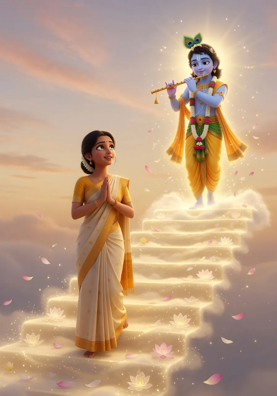 Ek bhaktin haath jode prakaash ki seedhi par chadhti hui, jiske shikhar par Bhagwan Krishna bansuri bajate hue chamak rahe hain
