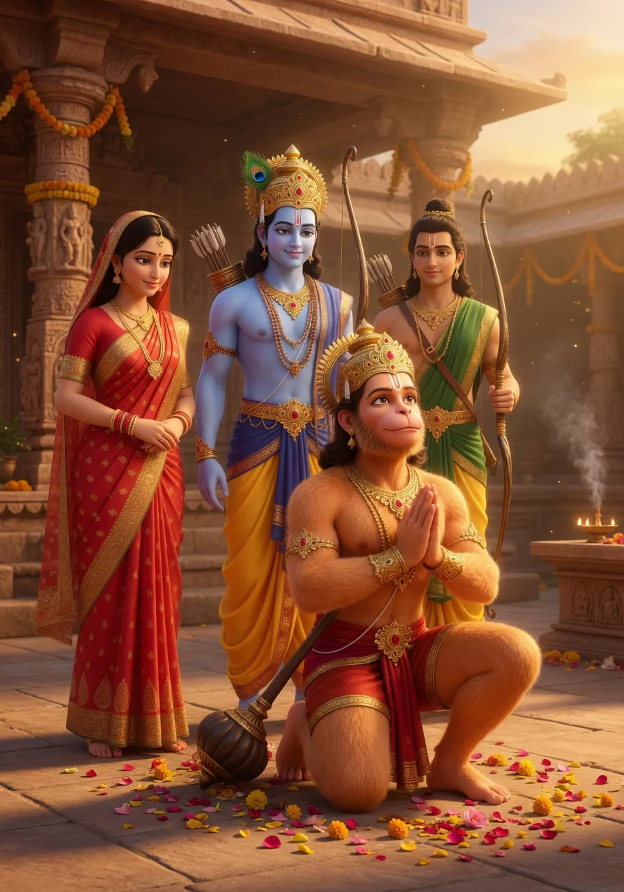 Lord Hanuman kneeling in loving service before Lord Rama, with Sita and Lakshmana